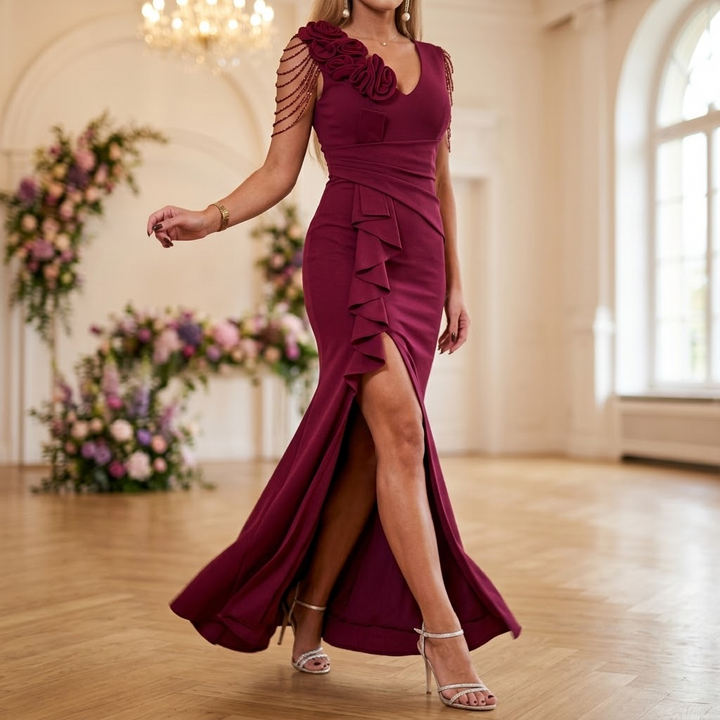 Rosette Shoulder Mermaid Evening Gown | Clova Women&