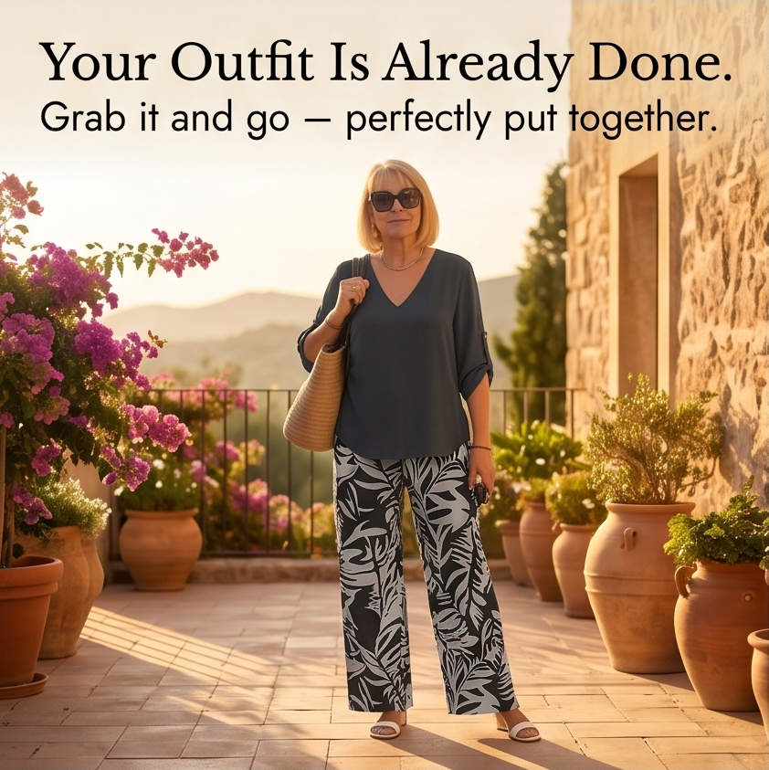 V-Neck Top &amp; Leaf-Print Wide-Leg Pants Set — View 9 | Clova