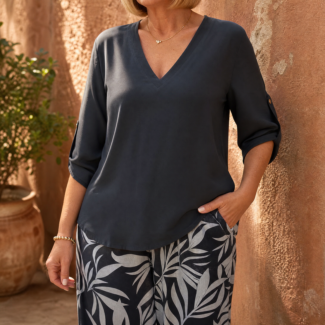 V-Neck Top &amp; Leaf-Print Wide-Leg Pants Set — View 5 | Clova