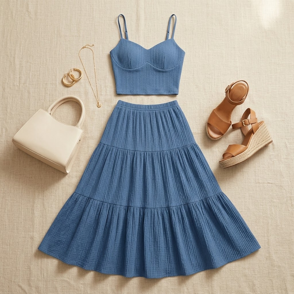Solavie Tiered Maxi Skirt &amp; Cami Matching Set — View 5 | Clova