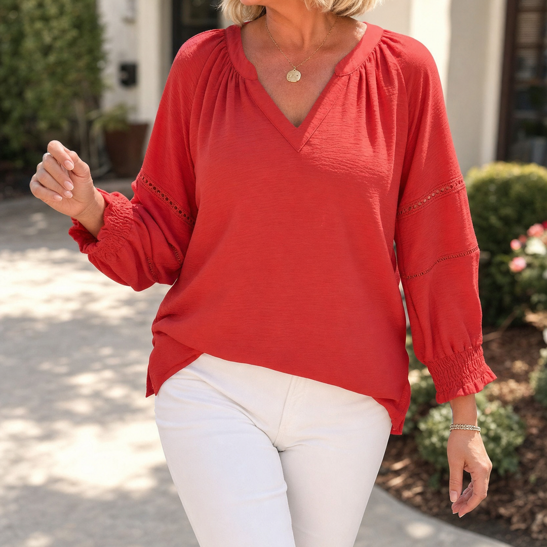 Lantern Sleeve V-Neck Blouse | Clova Women's Fashion