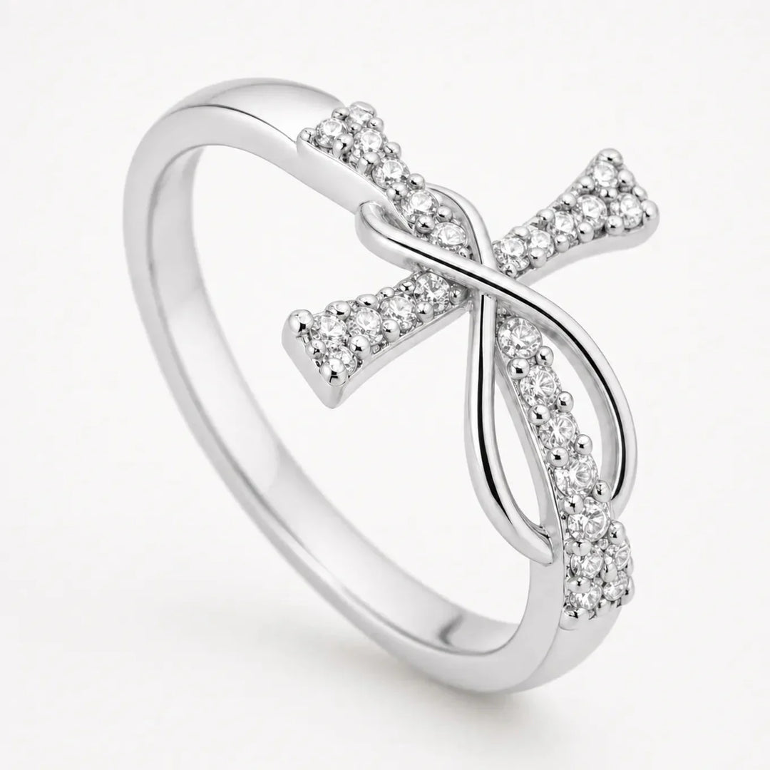 Mobius Cross Ring with Pavé Stones, Gold or Silver