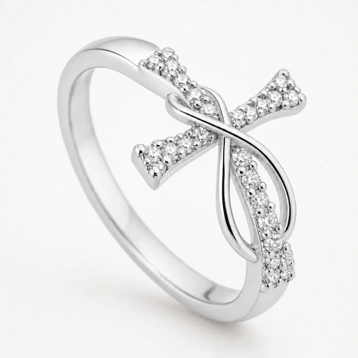 Mobius Cross Ring with Pavé Stones, Gold or Silver