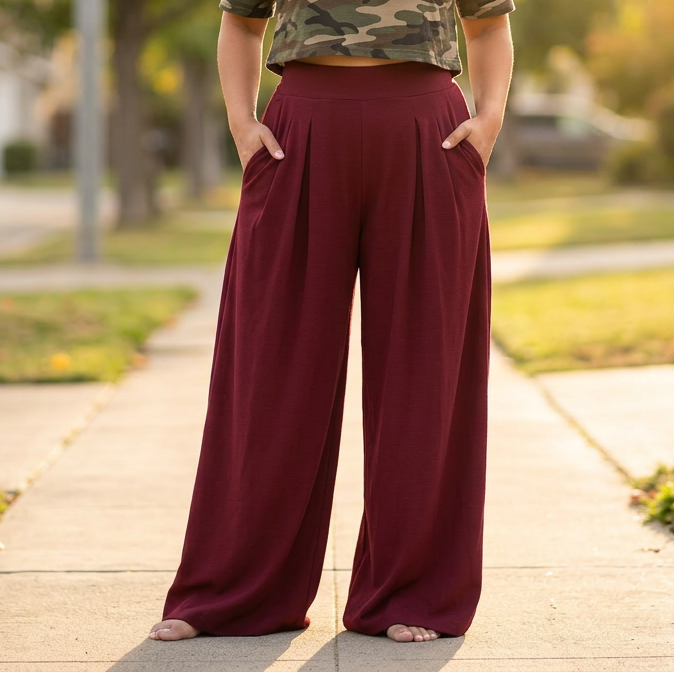 Flowy Pleated Palazzo Pants for Curvy Comfort | Clova Women&